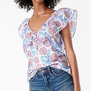J Crew floral vine block print Ruffle V-neck